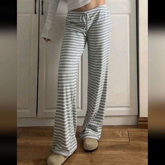 Women's Low Waist Striped Brushed Drawstring Yoga Loose Pants For Home - Picture 1 of 4